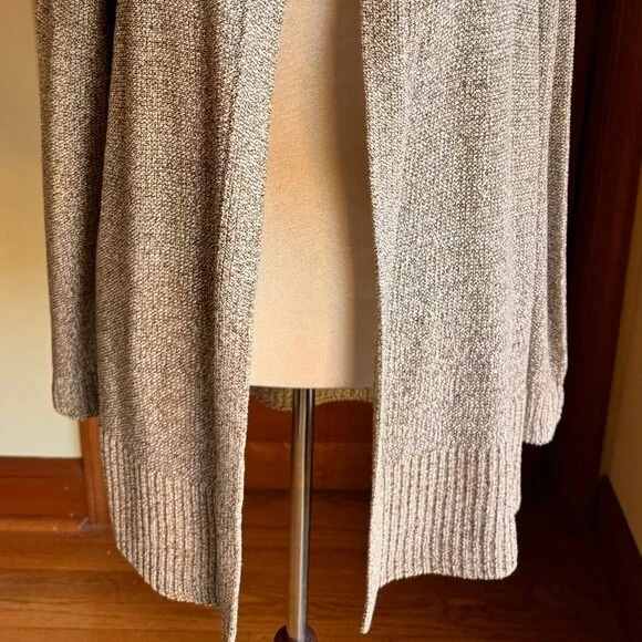 Ann Taylor Open Front Long Cardigan Bronze, Cream, Brown Acrylic Blend Knit, SzL - Picture 2 of 9
